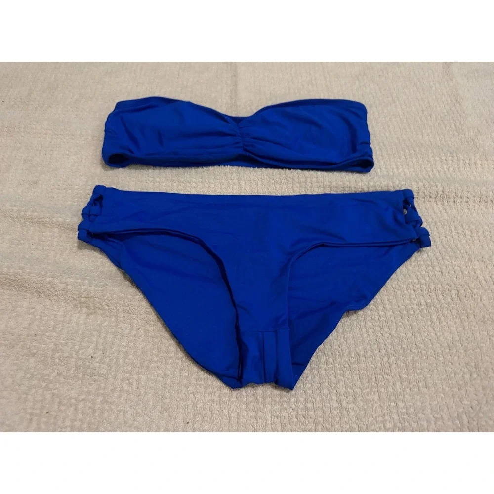L*Space Royal Blue Bandeau Bikini Set Knotted Side Bottoms Large NWOT